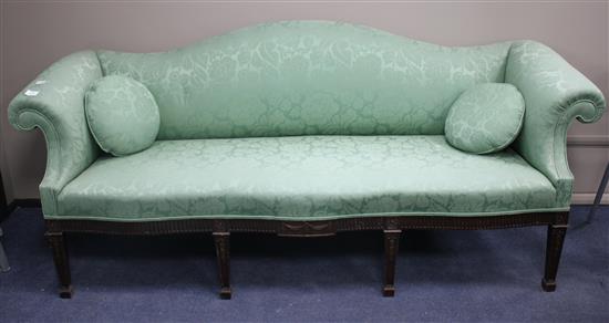 A Hepplewhite style mahogany settee, upholstered in pale green damask, W.200cm D.68cm H.89cm